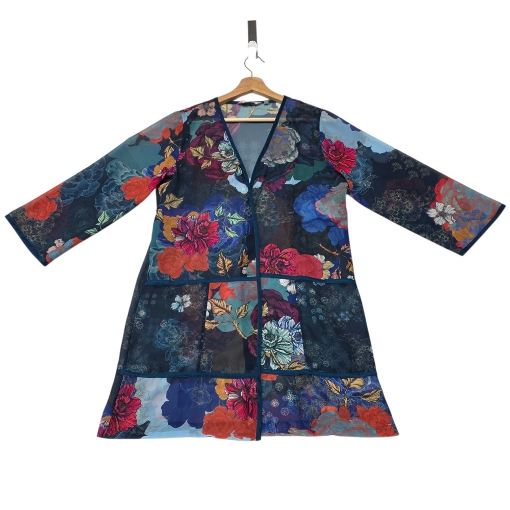 Soft Surroundings Kimono Women Small Blue‎ Floral Mesh Sheer Open Front Cardigan